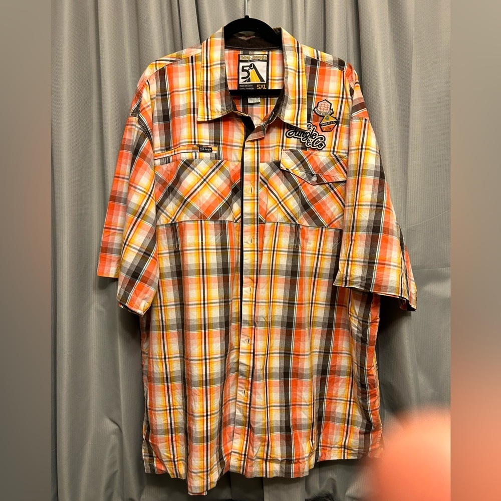 VINTAGE 5IVE JUNGLE & CO. Graphic Button Down Plaid Shirt, Orange Multi, SZ 5X